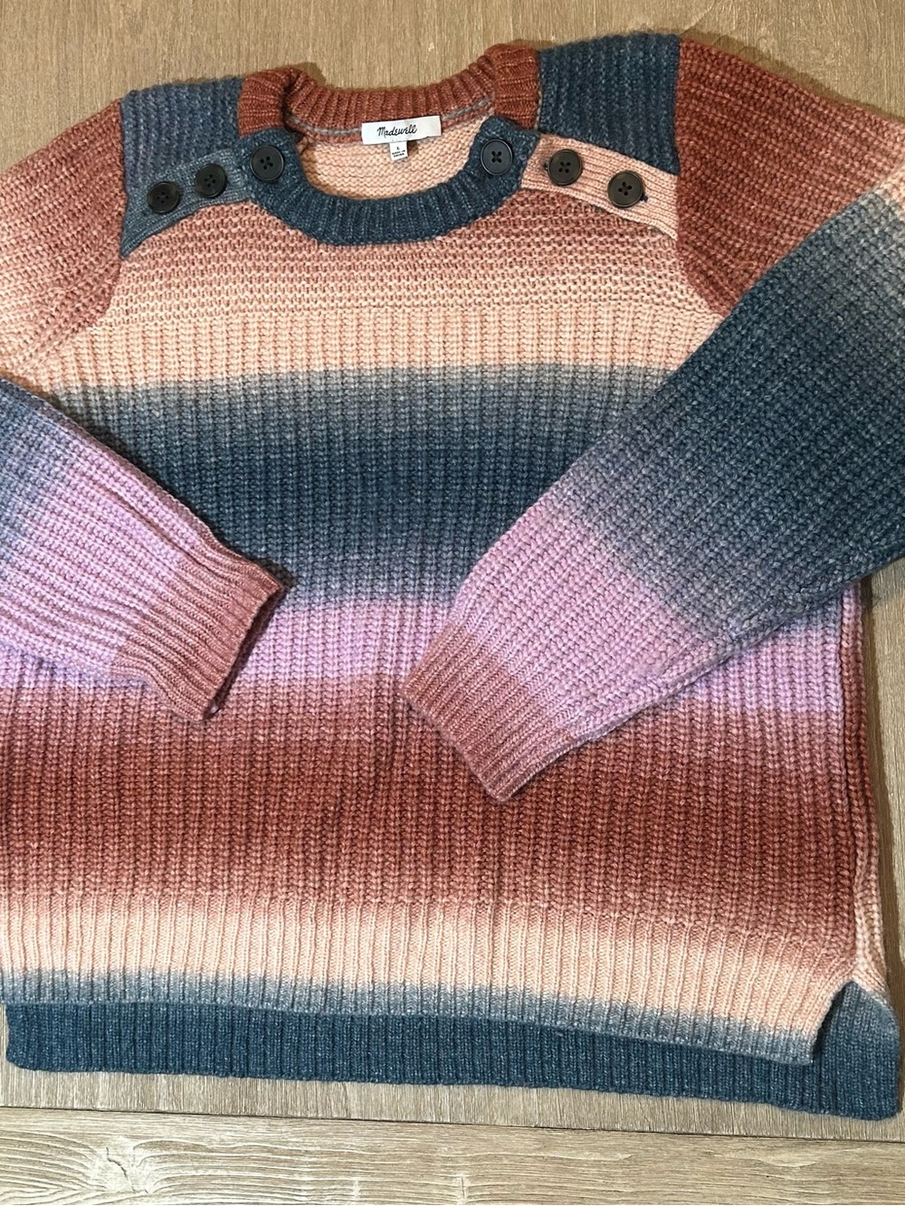 Madewell Women's Ombre Stripe Button-Shoulder Sweater - Pink & Blue Large